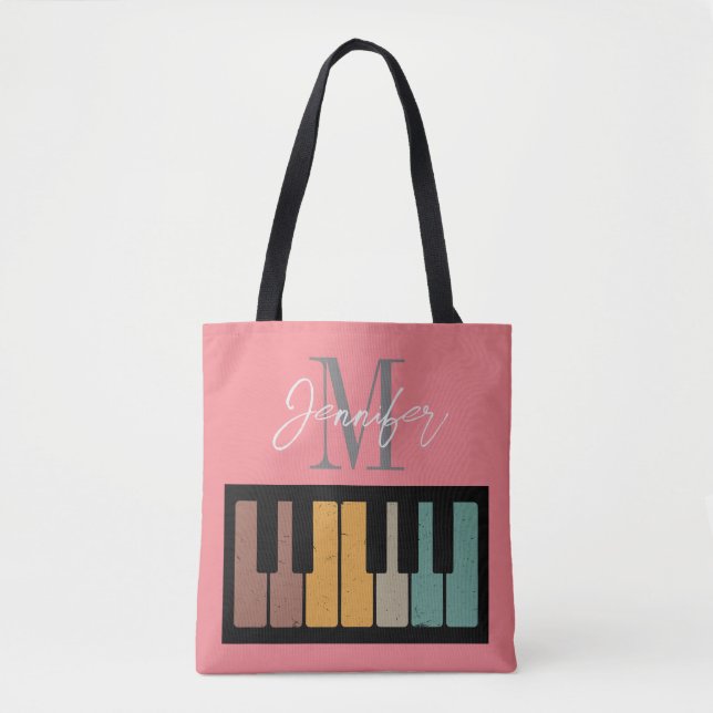 Retro Pink Piano Monogram Name Personalized Tote Bag (Front)