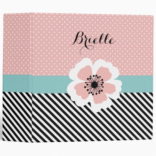 Retro Pink Polka Dots and Stripes Flower With Name 3 Ring Binder