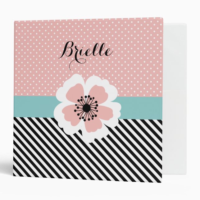 Retro Pink Polka Dots and Stripes Flower With Name 3 Ring Binder (Front/Inside)