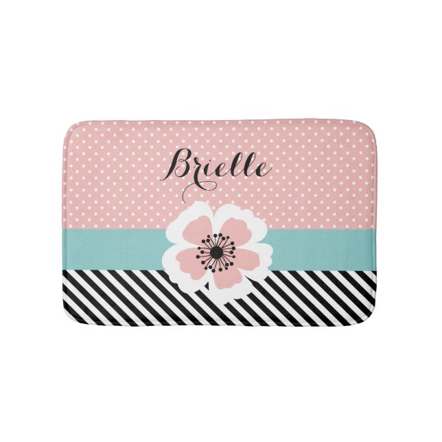 Retro Pink Polka Dots and Stripes Flower With Name Bathroom Mat (Front)