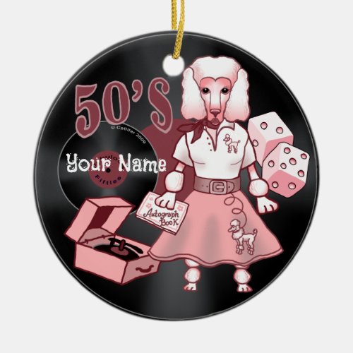 Retro Pink Poodle Ceramic Ornament