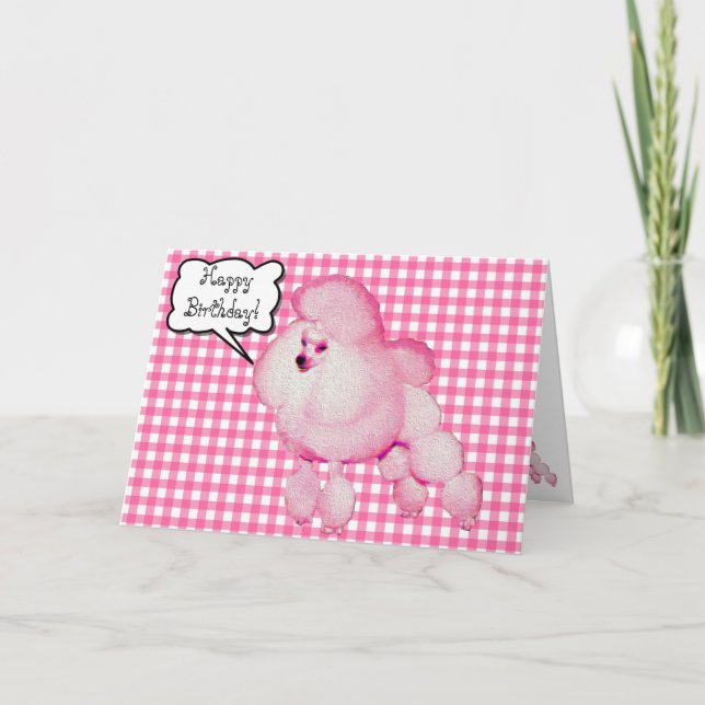 Retro Pink Poodle Gingham Birthday Greeting Card (Front)