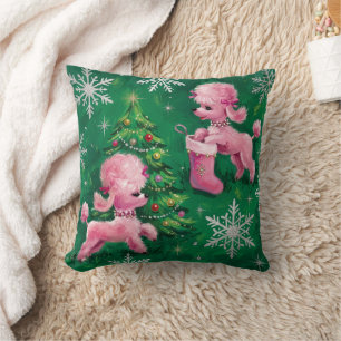 Retro Pink Poodle Holiday Throw Pillow