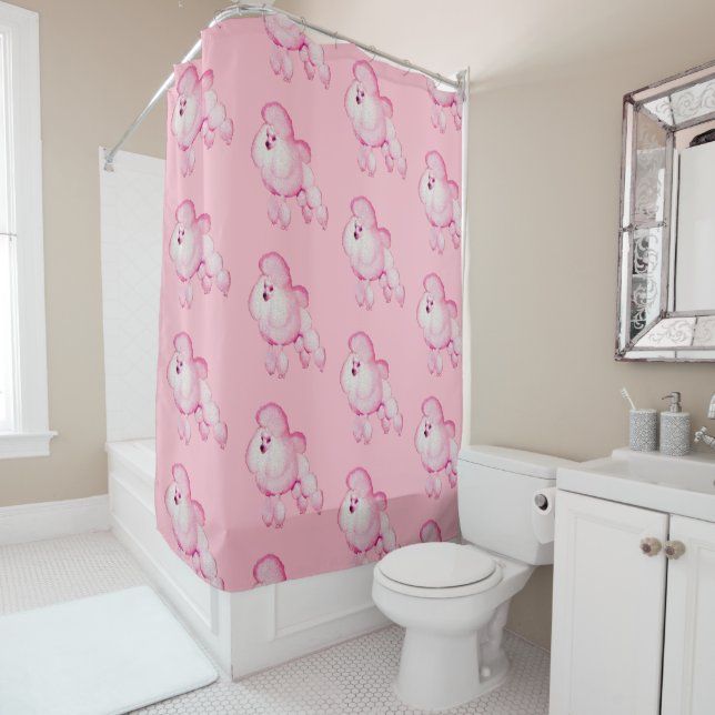 Retro Pink Poodle Shower Curtain (In Situ)