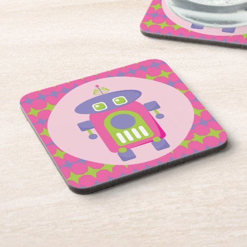 Retro Pink Purple and Green Robot with Stars Coaster
