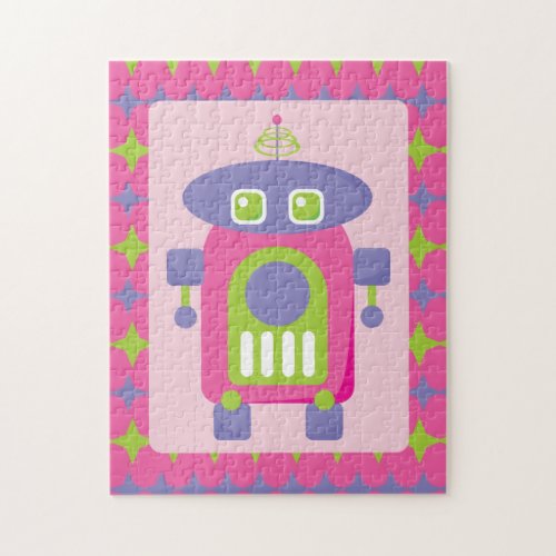 Retro Pink Purple and Green Robot with Stars Jigsaw Puzzle