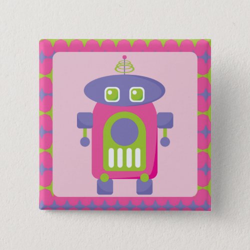 Retro Pink Purple and Green Robot with Stars Pinback Button