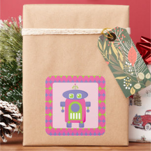 Retro Pink, Purple and Green Robot with Stars Square Sticker