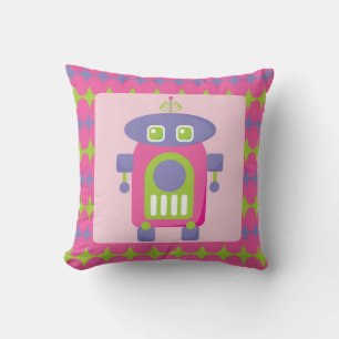 Retro Pink, Purple and Green Robot with Stars Throw Pillow