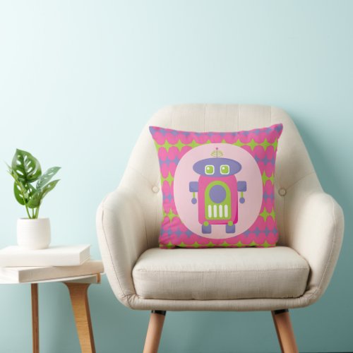 Retro Pink Purple and Green Robot with Stars Throw Pillow