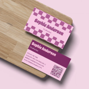 Retro Pink & Purple Checkerboard with QR Code Business Card