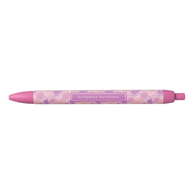 Retro Pink Purple Floral Custom Name Pen (Front)