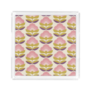 Retro Pink & Purple Floral Pattern Acrylic Tray