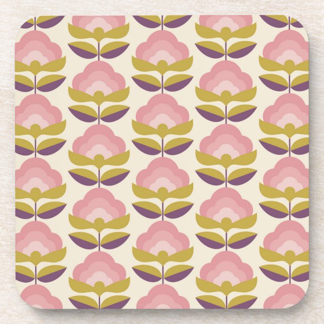 Retro Pink & Purple Floral Pattern Beverage Coaster (Front)