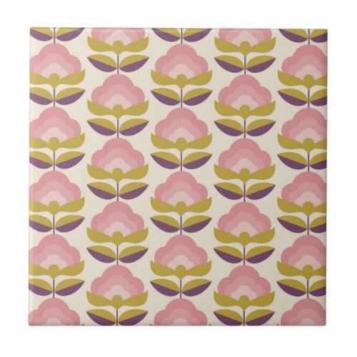 Retro Pink  Purple Floral Pattern Ceramic Tile