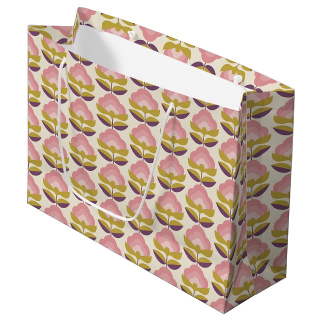 Retro Pink & Purple Floral Pattern Large Gift Bag (Front Angled)