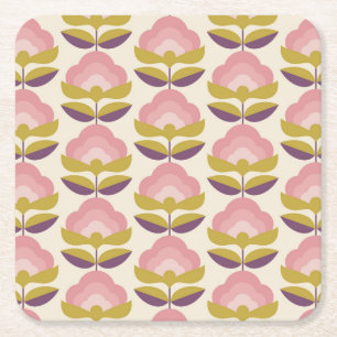 Retro Pink & Purple Floral Pattern Square Paper Coaster