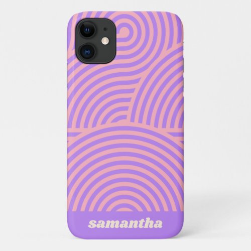Retro Pink Purple Groovy Line Pattern Personalized iPhone 11 Case