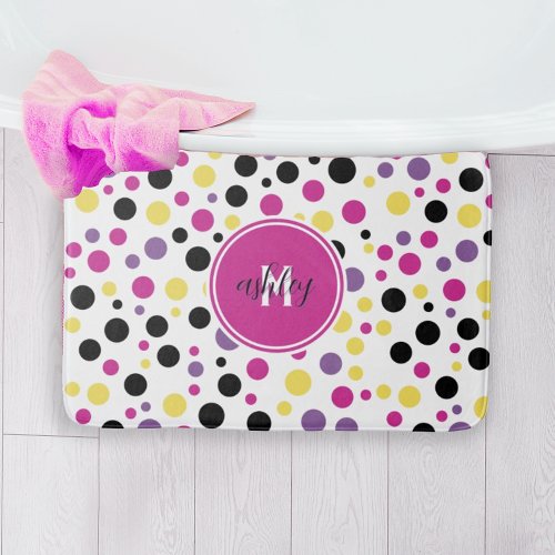 Retro Pink Purple Monogram Polka Dots Bath Mat