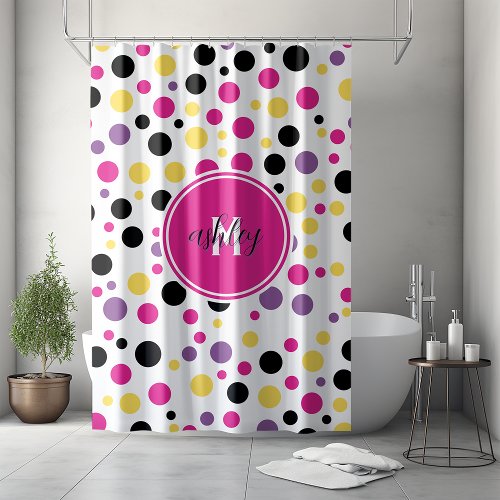 Retro Pink Purple Monogram Polka Dots Shower Curtain