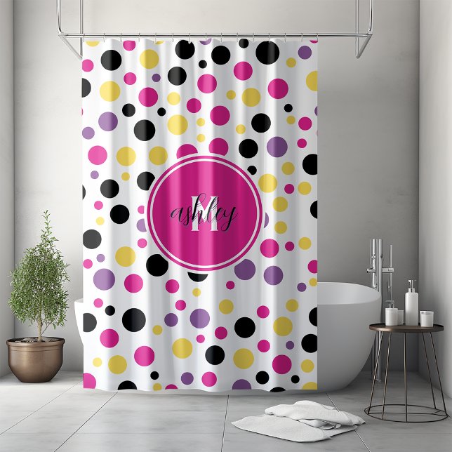 Retro Pink Purple Monogram Polka Dots Shower Curtain (Creator Uploaded)