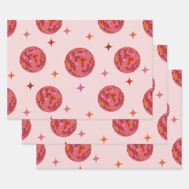 Retro Pink Purple Orange Disco Balls with Stars  Wrapping Paper Sheets (Set)