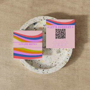 Retro Pink Purple Rainbow QR Code Groovy Girly Square Business Card