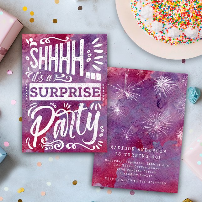 Retro Pink Purple Shh Surprise Birthday Party Invitation (Creator Uploaded)