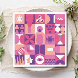 Retro Pink Purple Wine Bauhaus Cocktail Pattern Napkins