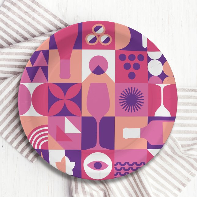 Retro Pink Purple Wine Bauhaus Cocktail Pattern Paper Plates (Creator Uploaded)