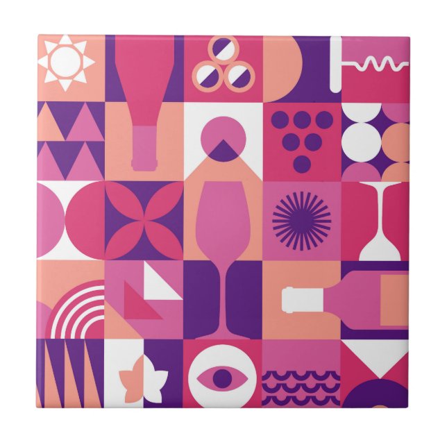 Retro Pink Purple Wine Bauhaus Pattern Ceramic Tile (Front)