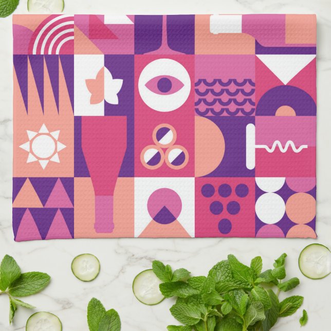 Retro Pink Purple Wine Bauhaus Pattern Kitchen Towel (Folded)