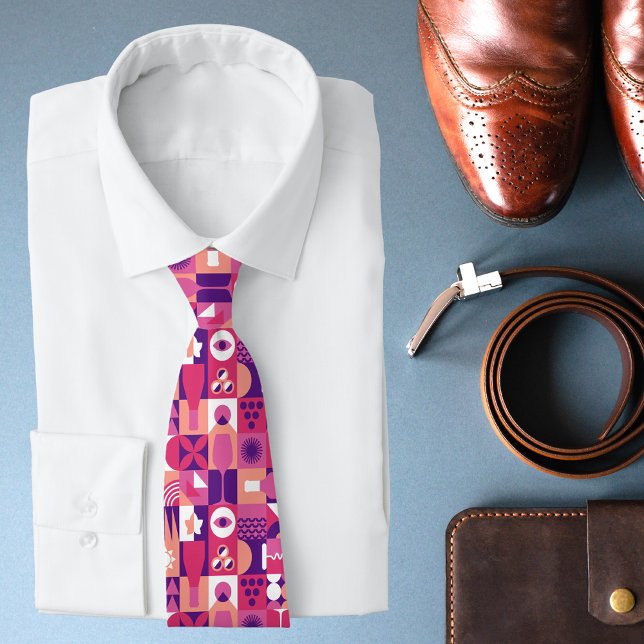 Retro Pink Purple Wine Bauhaus Pattern Neck Tie (Creator Uploaded)
