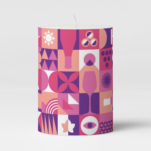 Retro Pink Purple Wine Bauhaus Pattern Pillar Candle