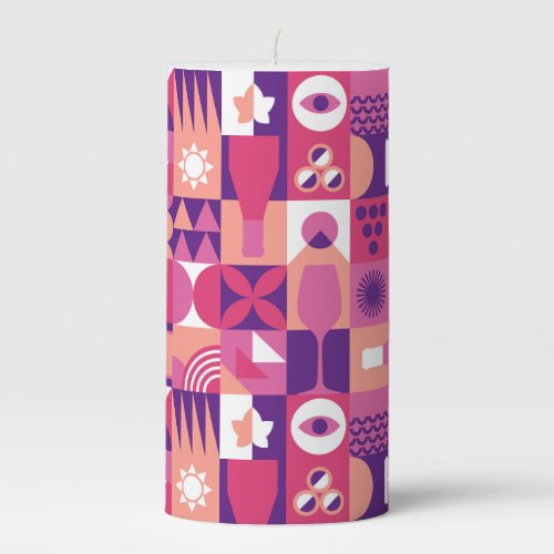 Retro Pink Purple Wine Bauhaus Pattern Pillar Candle