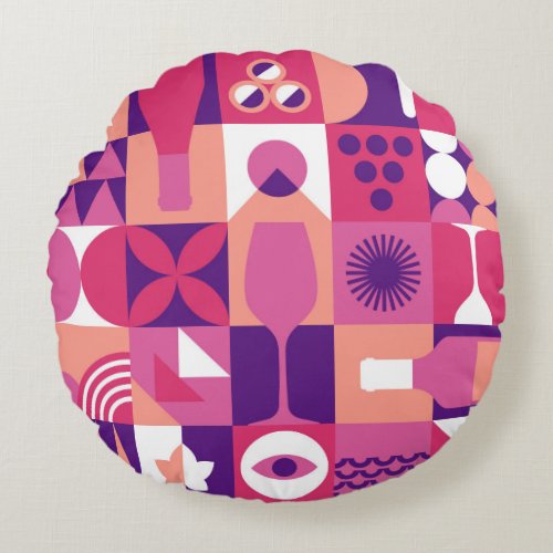 Retro Pink Purple Wine Bauhaus Pattern Round Pillow