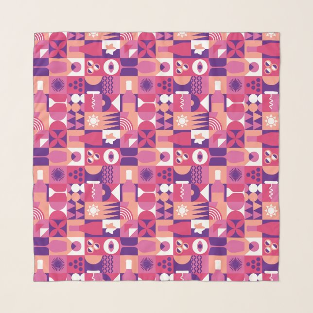 Retro Pink Purple Wine Bauhaus Pattern Scarf (Front (Horizontal))