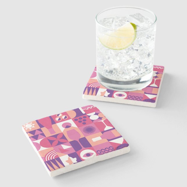 Retro Pink Purple Wine Bauhaus Pattern Stone Coaster (Side)