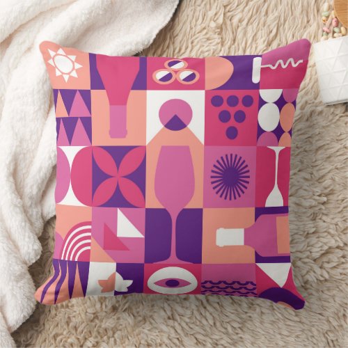 Retro Pink Purple Wine Bauhaus Pattern Throw Pillow