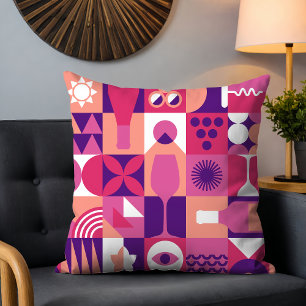 Retro Pink Purple Wine Bauhaus Pattern Throw Pillow