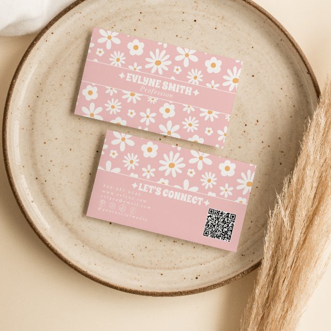 Retro Pink QR Code Groovy Floral Boho Girly Unique Business Card (Creator Uploaded)