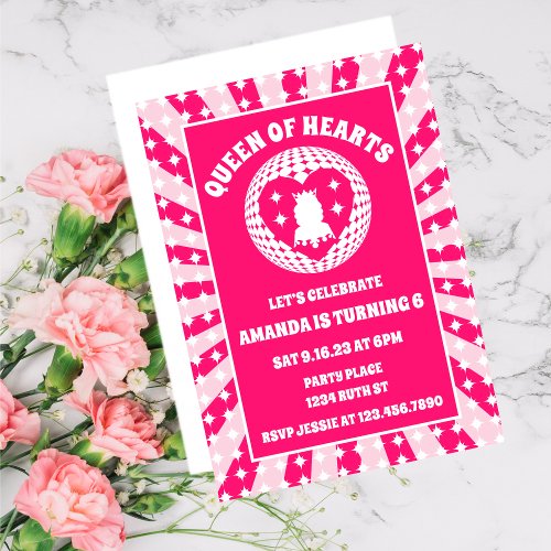 Retro Pink Queen Of Hearts Birthday Invitation