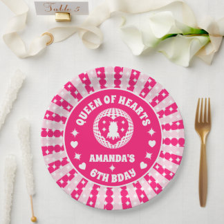 Retro Pink Queen Of Hearts Birthday Paper Plates