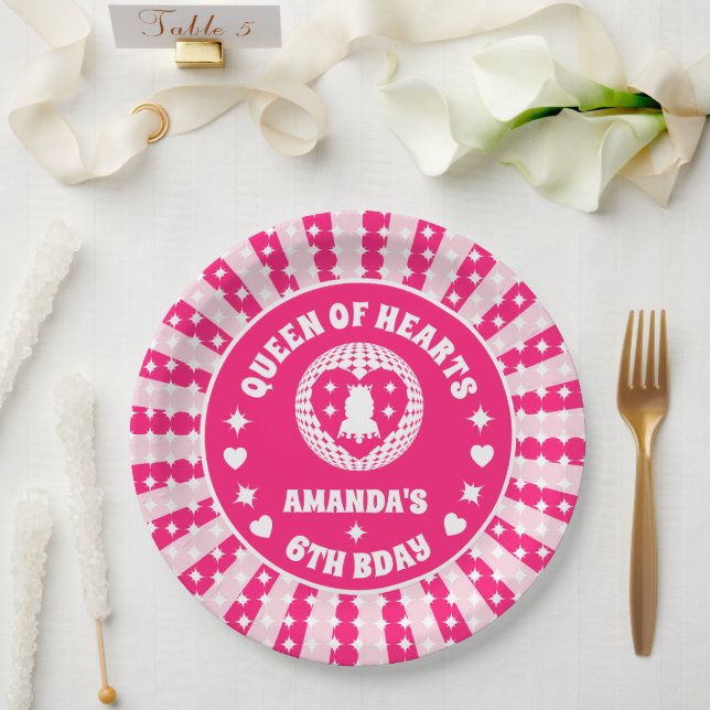 Retro Pink Queen Of Hearts Birthday Paper Plates (Wedding)
