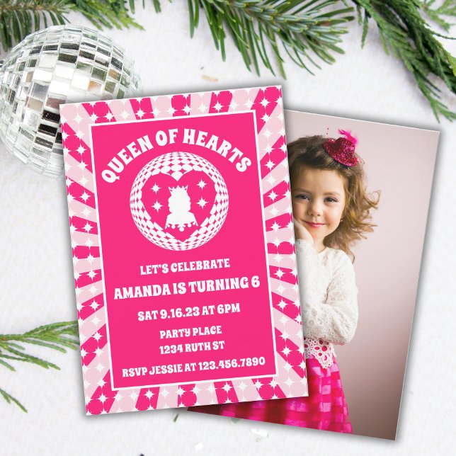 Retro Pink Queen Of Hearts Birthday Party Photo Invitation (Creator Uploaded)