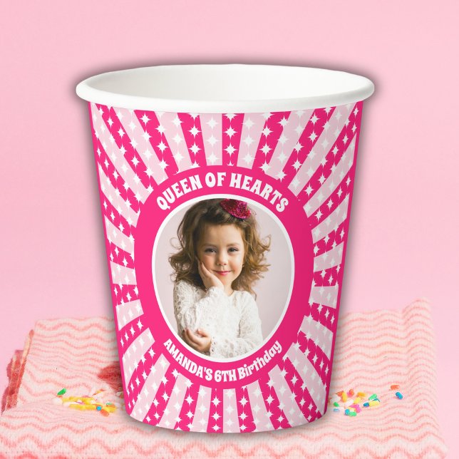 Retro Pink Queen Of Hearts Birthday Party Photo Paper Cups (Creator Uploaded)