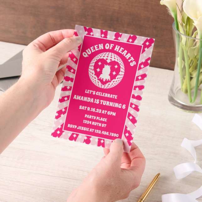 Retro Pink Queen Of Hearts Birthday Party Vellum Invitations (Handheld)