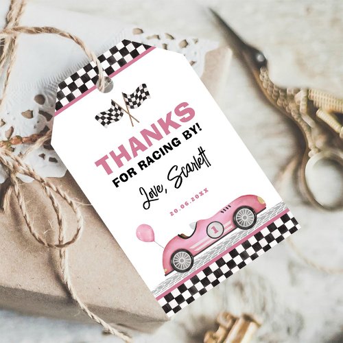 Retro Pink Race Car Fast One Girl Birthday Favors Gift Tags
