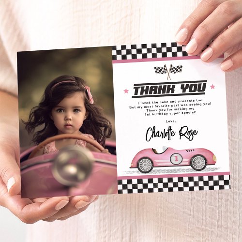 Retro Pink Race Car Girl Birthday Party Photo Thank You Card