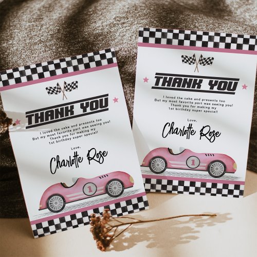 Retro Pink Race Car Girl Birthday Party Thank You Card